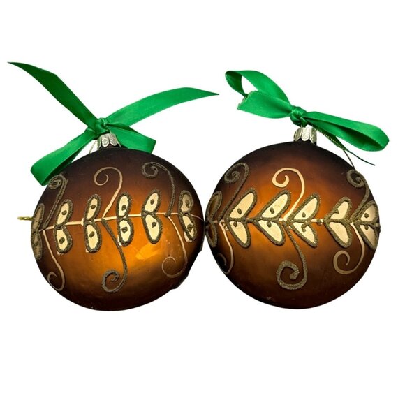 Vintage set of 2 Hand-Painted Glass Christmas Ornaments Gold Glitter Ribbon READ - Picture 1 of 7